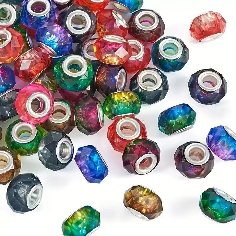 Iridescent Faceted Large Hole Beads, Acrylic Imitation Crystal Loose Beads, DIY Bracelet Jewelry Making Accessories Wholesale
