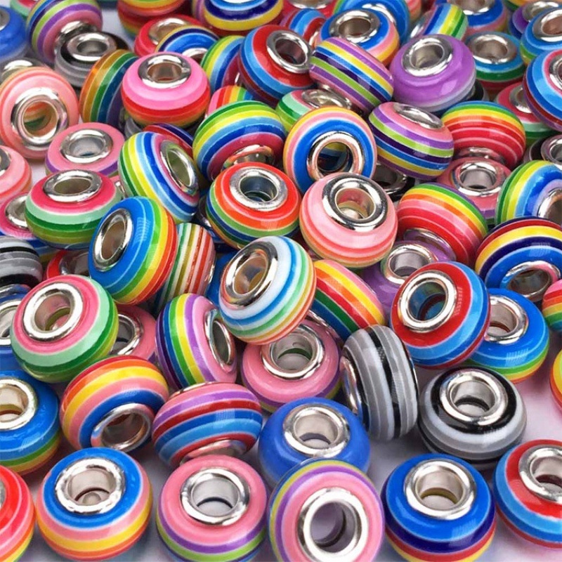 High Quality Rainbow Stripe Resin Large Hole Beads Set, Hot Selling DIY Bracelet Loose Beads Jewelry Making Accessories Wholesale