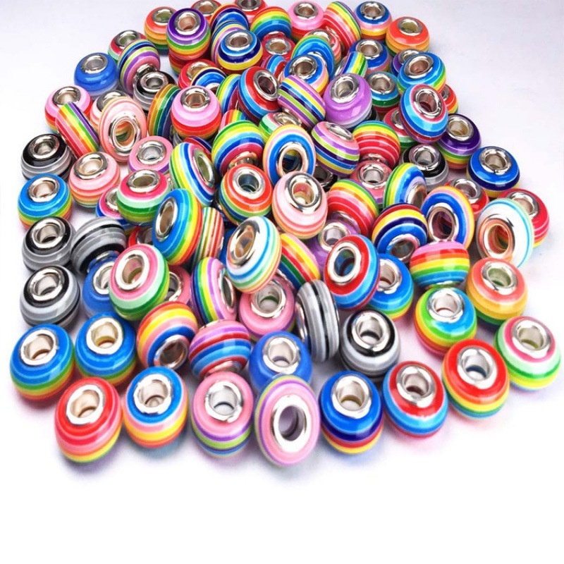 High Quality Rainbow Stripe Resin Large Hole Beads Set, Hot Selling DIY Bracelet Loose Beads Jewelry Making Accessories Wholesale