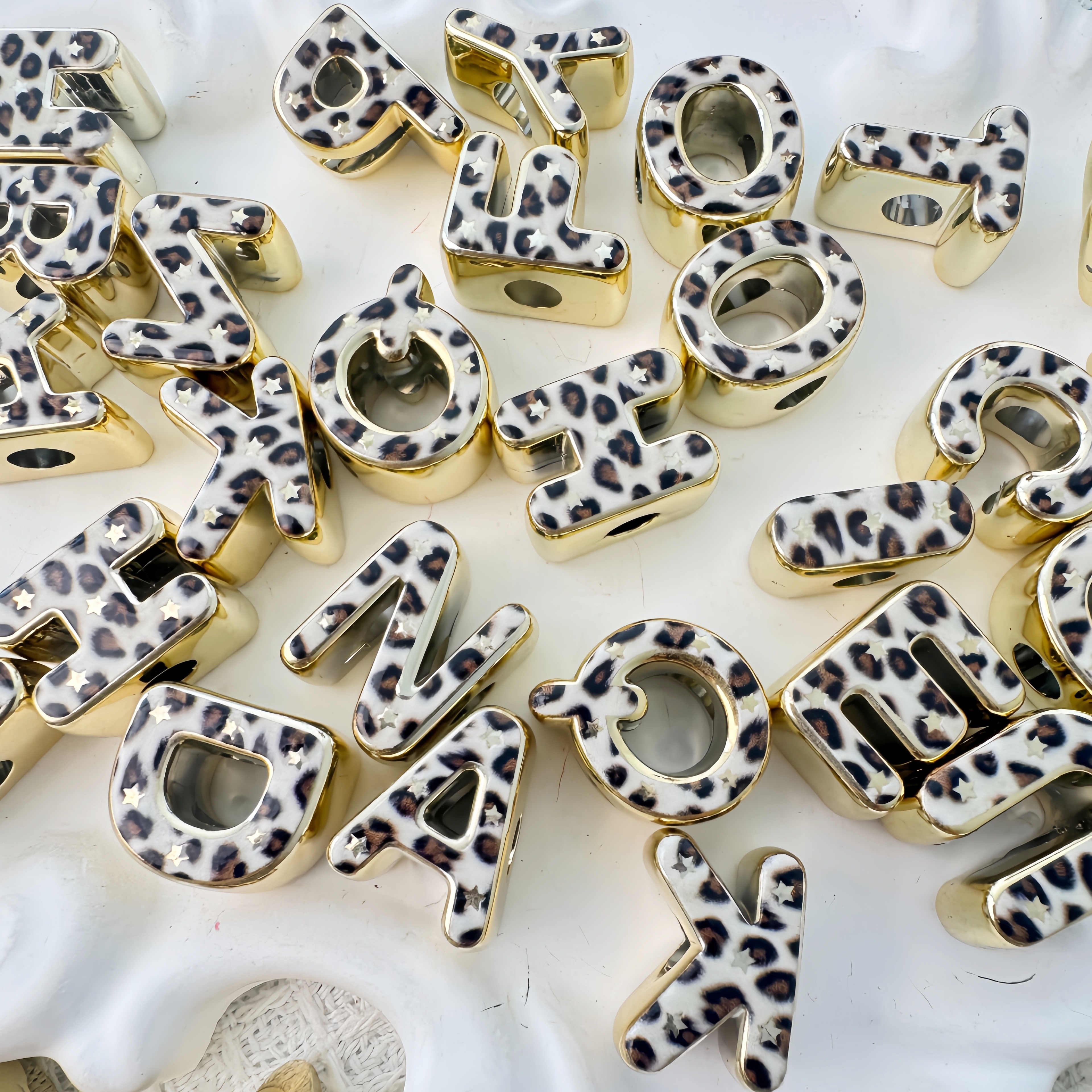 UV Gold Silver Leopard Print Acrylic Letter Beads Large Side Hole DIY Necklace Bracelet Charm Making Supplies