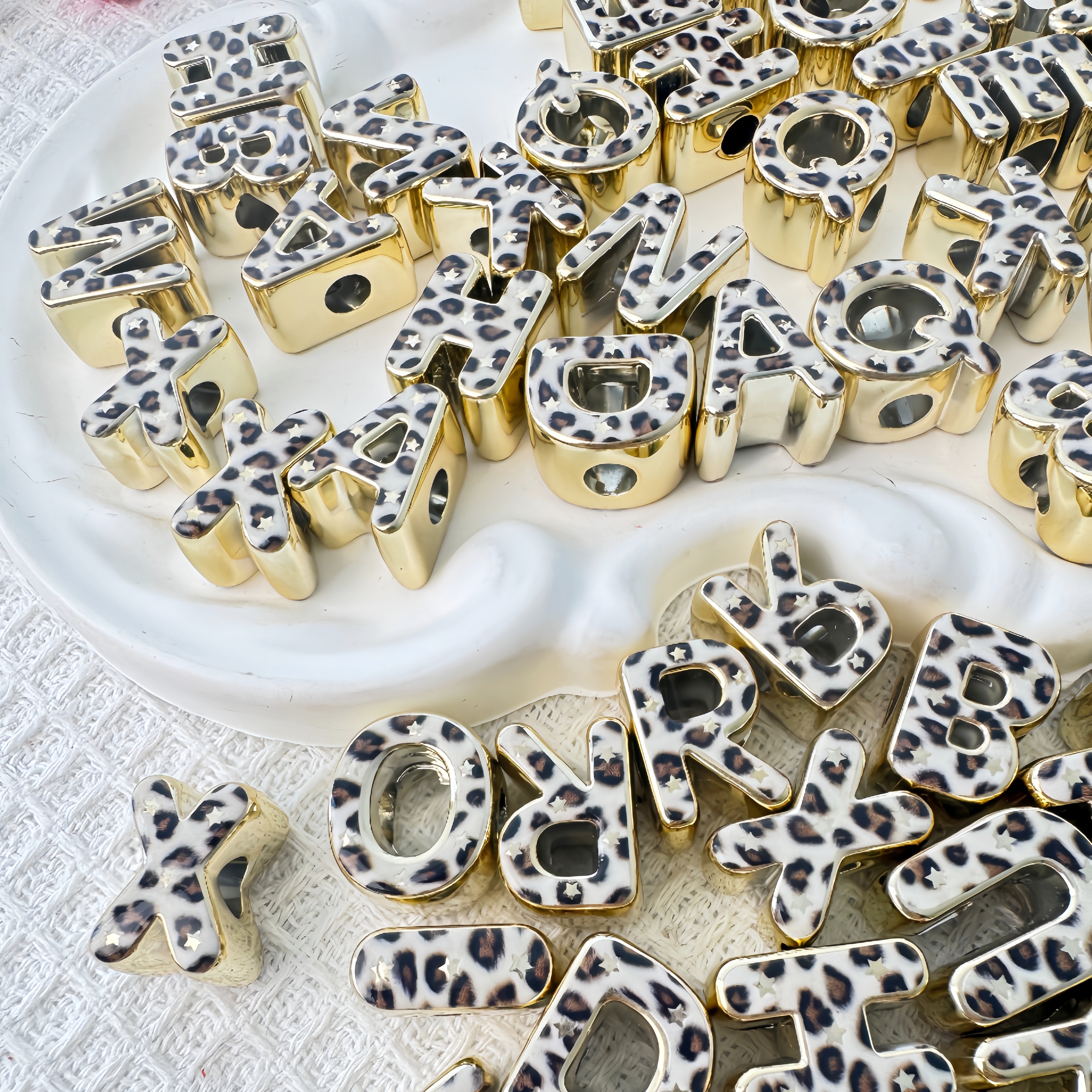 UV Gold Silver Leopard Print Acrylic Letter Beads Large Side Hole DIY Necklace Bracelet Charm Making Supplies
