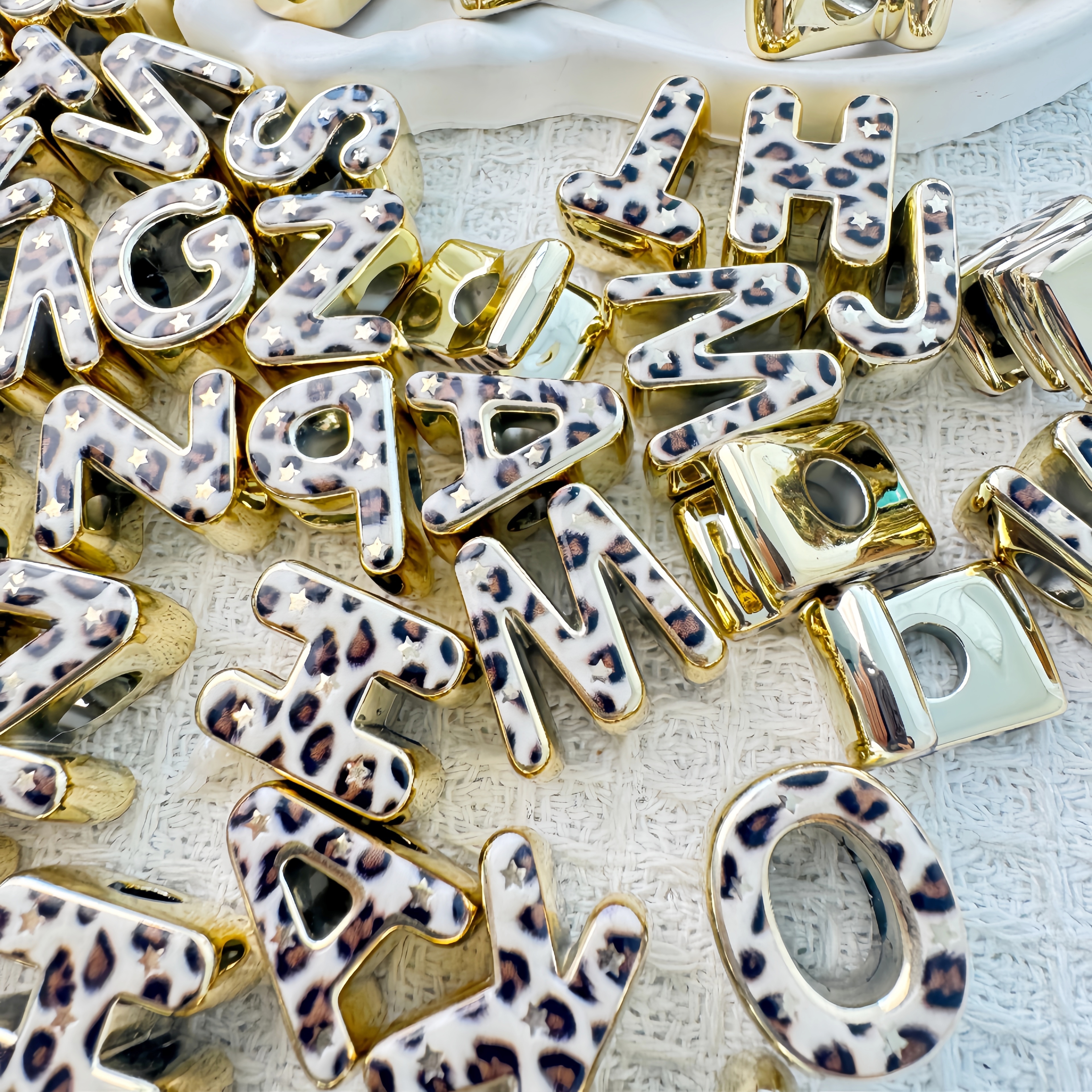 UV Gold Silver Leopard Print Acrylic Letter Beads Large Side Hole DIY Necklace Bracelet Charm Making Supplies