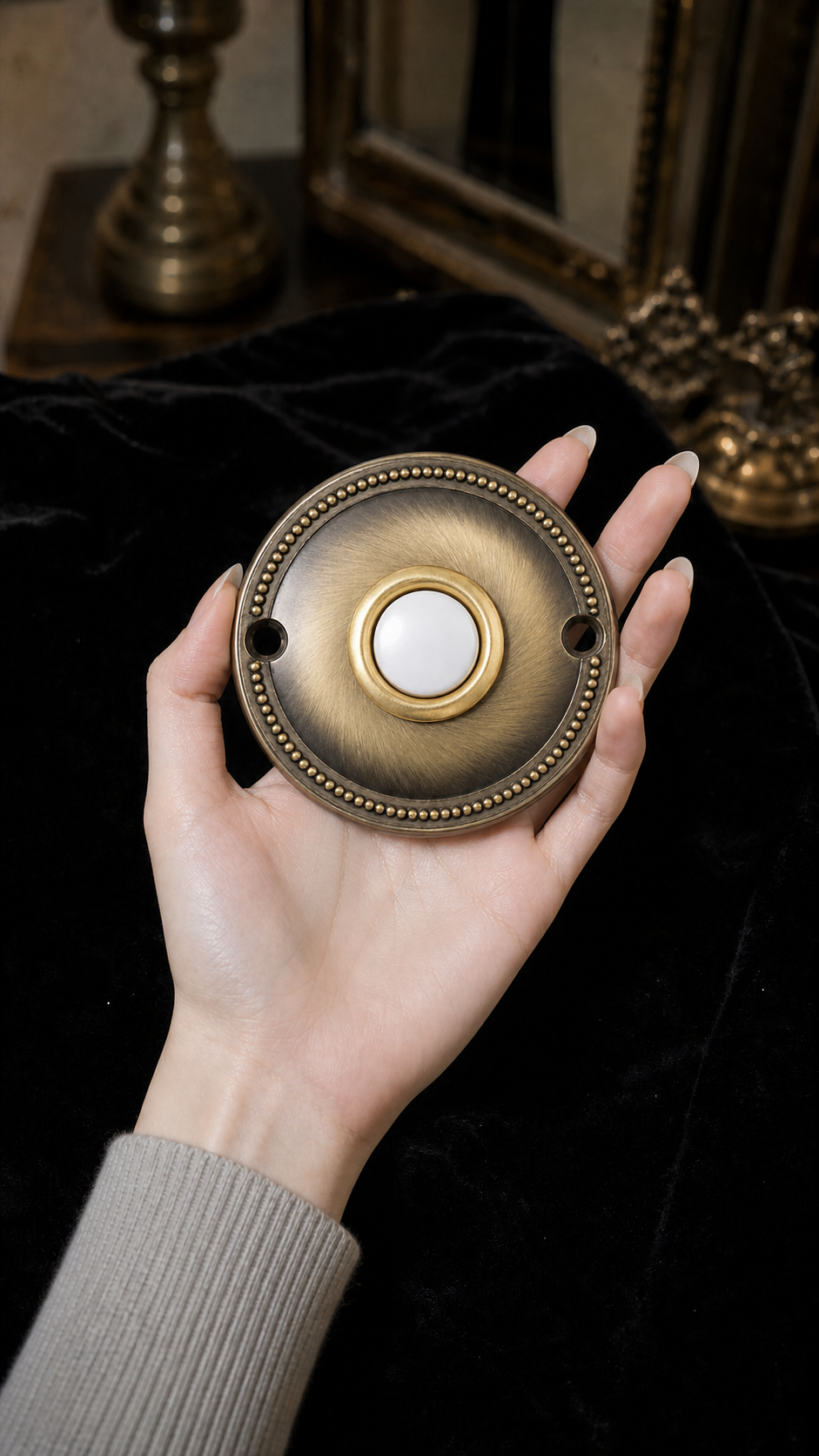 Decorative Zinc Alloy Round Wired Doorbell Push Button | Black & Antique Brass Finish | Beaded Circular Design | DC1818,decometalplastic,Decorative Zinc Alloy Round Wired Doorbell Push Button | Black & Antique Brass Finish | Beaded Circular Design | DC1818