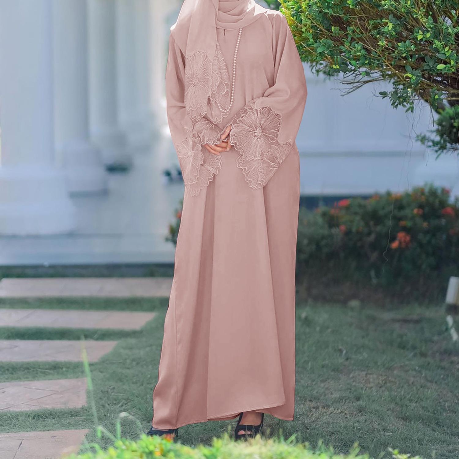 Gaun wanita 7-warna yang popular dan sedia untuk dihantar, dengan hiasan renda dan lengan ultra panjang, disertakan dengan tudung. abaya sulam