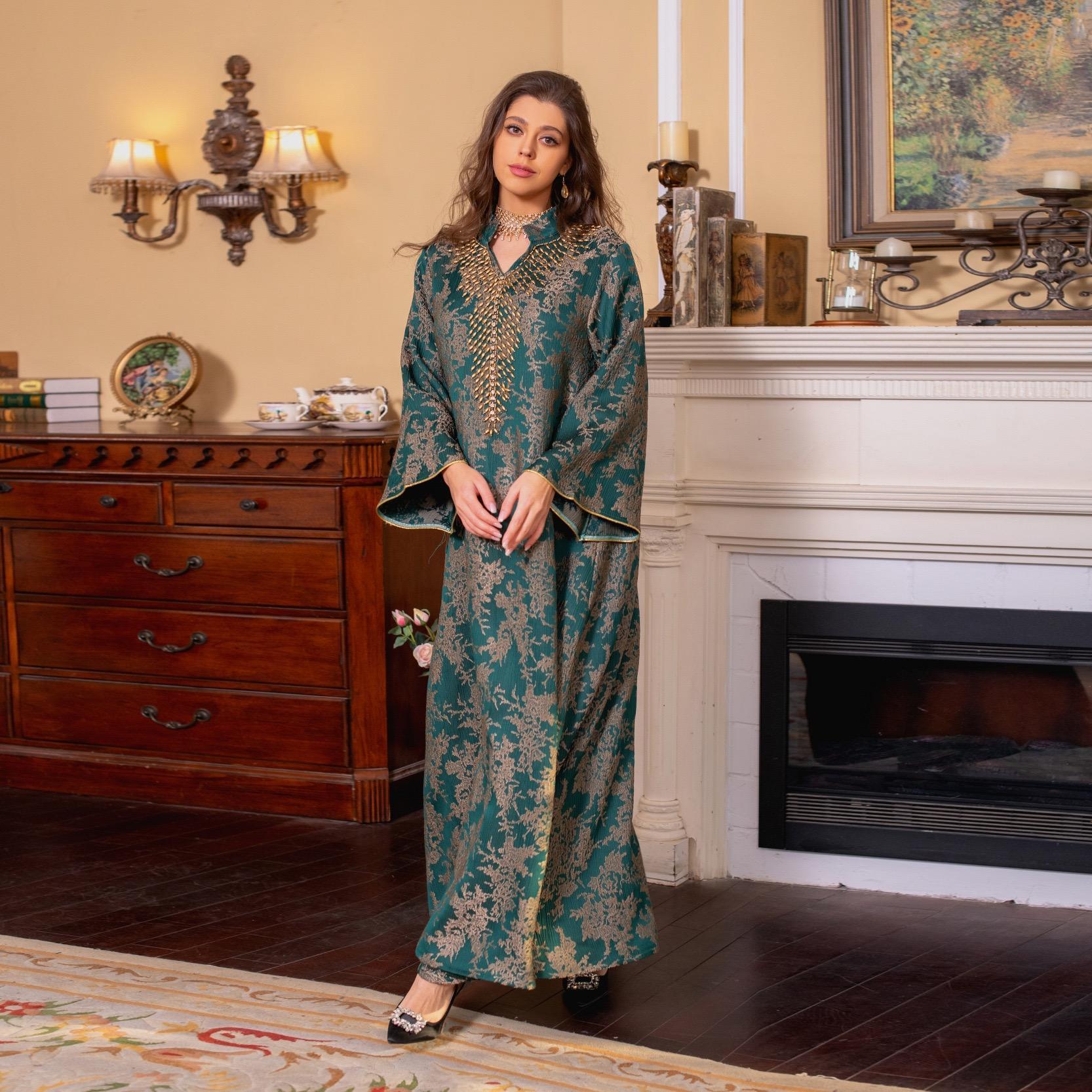 Abaya Madina new arrivals - Middle Eastern embroidered robe - Islamic handcrafted beaded jacquard fabric - Suitable for Ramadan celebrations - Abaya - Blue-green - Women's festive attire