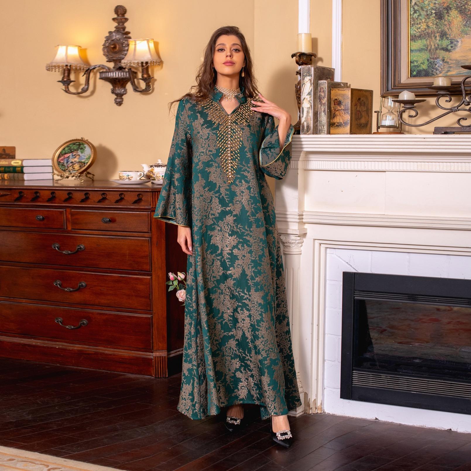 Abaya Madina new arrivals - Middle Eastern embroidered robe - Islamic handcrafted beaded jacquard fabric - Suitable for Ramadan celebrations - Abaya - Blue-green - Women's festive attire