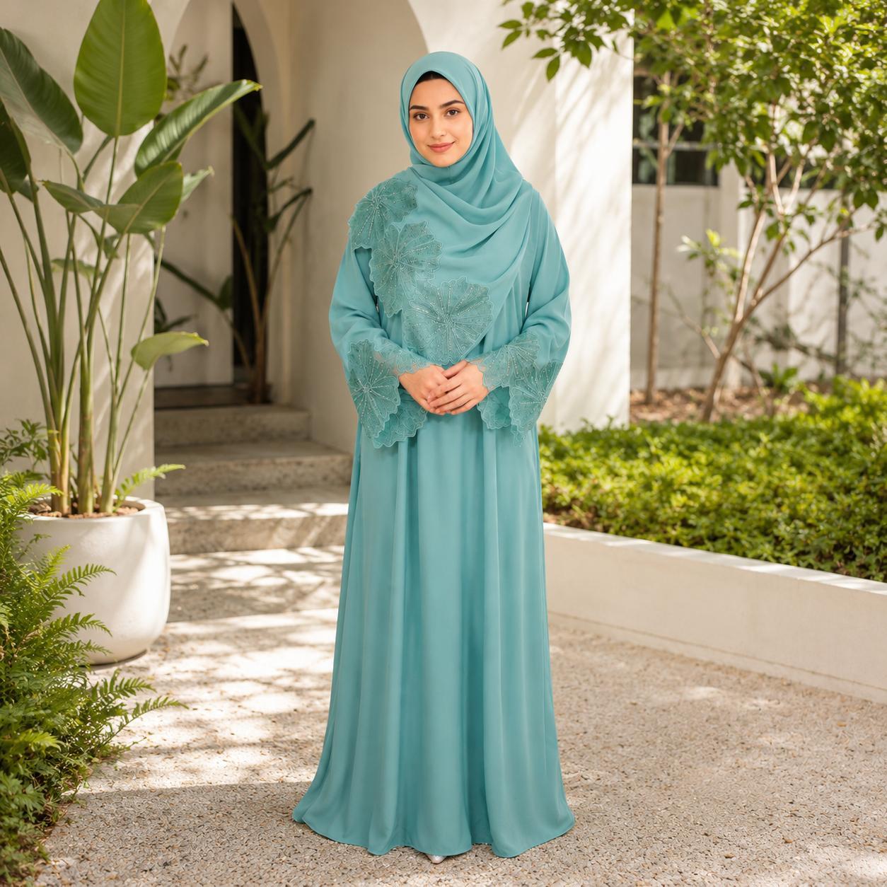 Gaun wanita 7-warna yang popular dan sedia untuk dihantar, dengan hiasan renda dan lengan ultra panjang, disertakan dengan tudung. abaya sulam