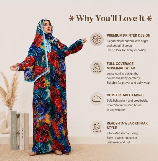 Khimar Abaya - High-quality printed women's daily wear, specially designed for Muslim women. Loose floral pattern, breathable and comfortable fabric - original daily red trend clothing.
