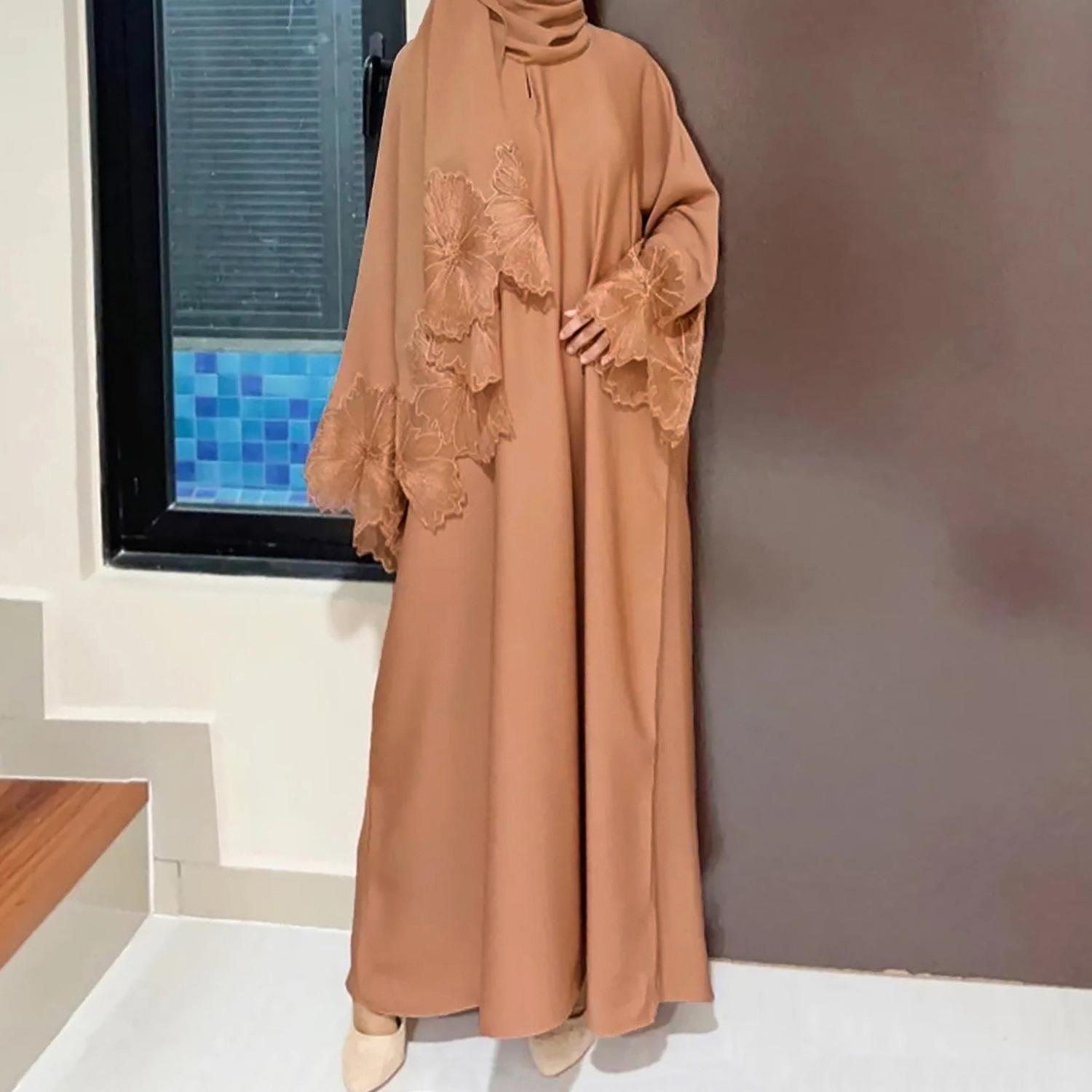 Gaun wanita 7-warna yang popular dan sedia untuk dihantar, dengan hiasan renda dan lengan ultra panjang, disertakan dengan tudung. abaya sulam