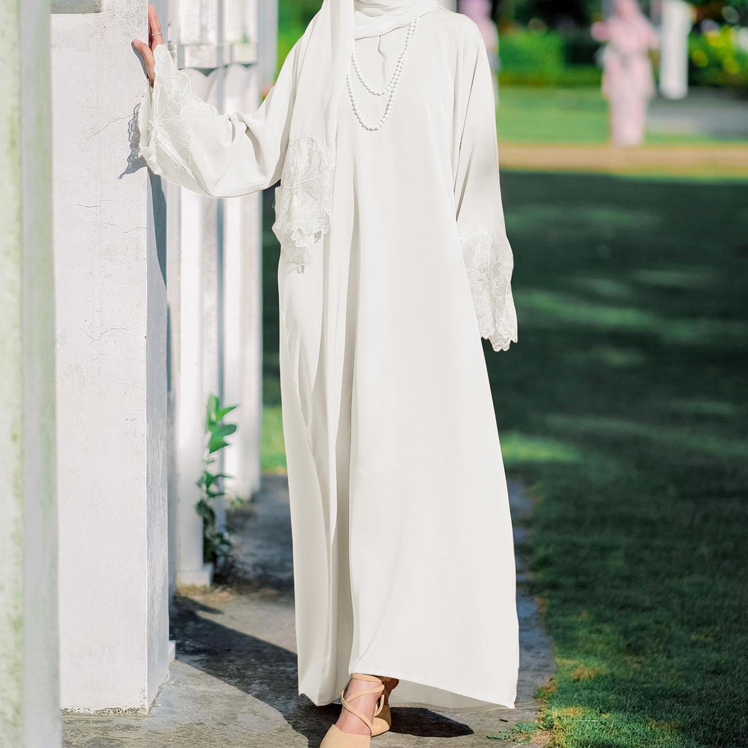 Gaun wanita 7-warna yang popular dan sedia untuk dihantar, dengan hiasan renda dan lengan ultra panjang, disertakan dengan tudung. abaya sulam