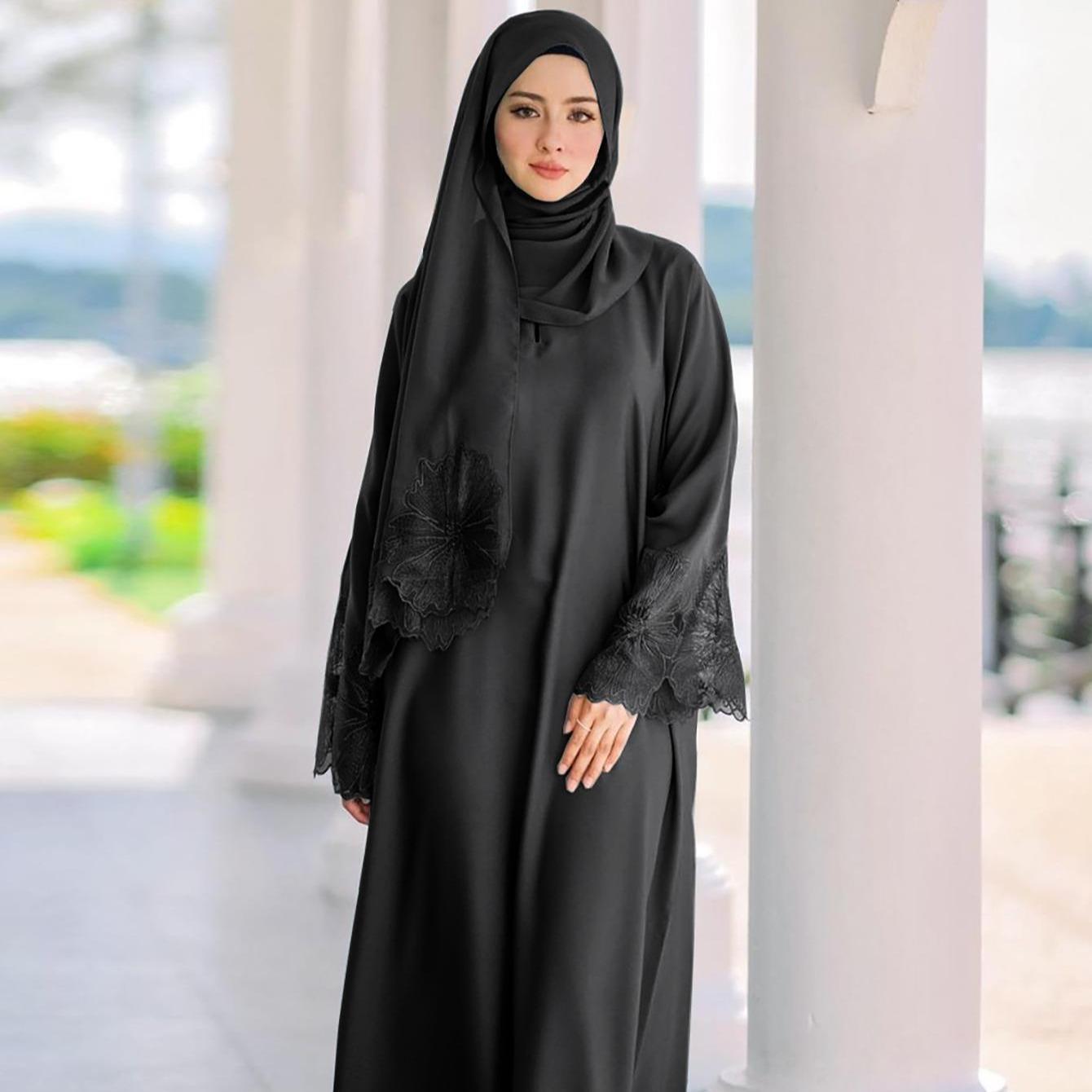 Gaun wanita 7-warna yang popular dan sedia untuk dihantar, dengan hiasan renda dan lengan ultra panjang, disertakan dengan tudung. abaya sulam