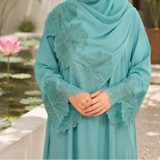 Gaun wanita 7-warna yang popular dan sedia untuk dihantar, dengan hiasan renda dan lengan ultra panjang, disertakan dengan tudung. abaya sulam