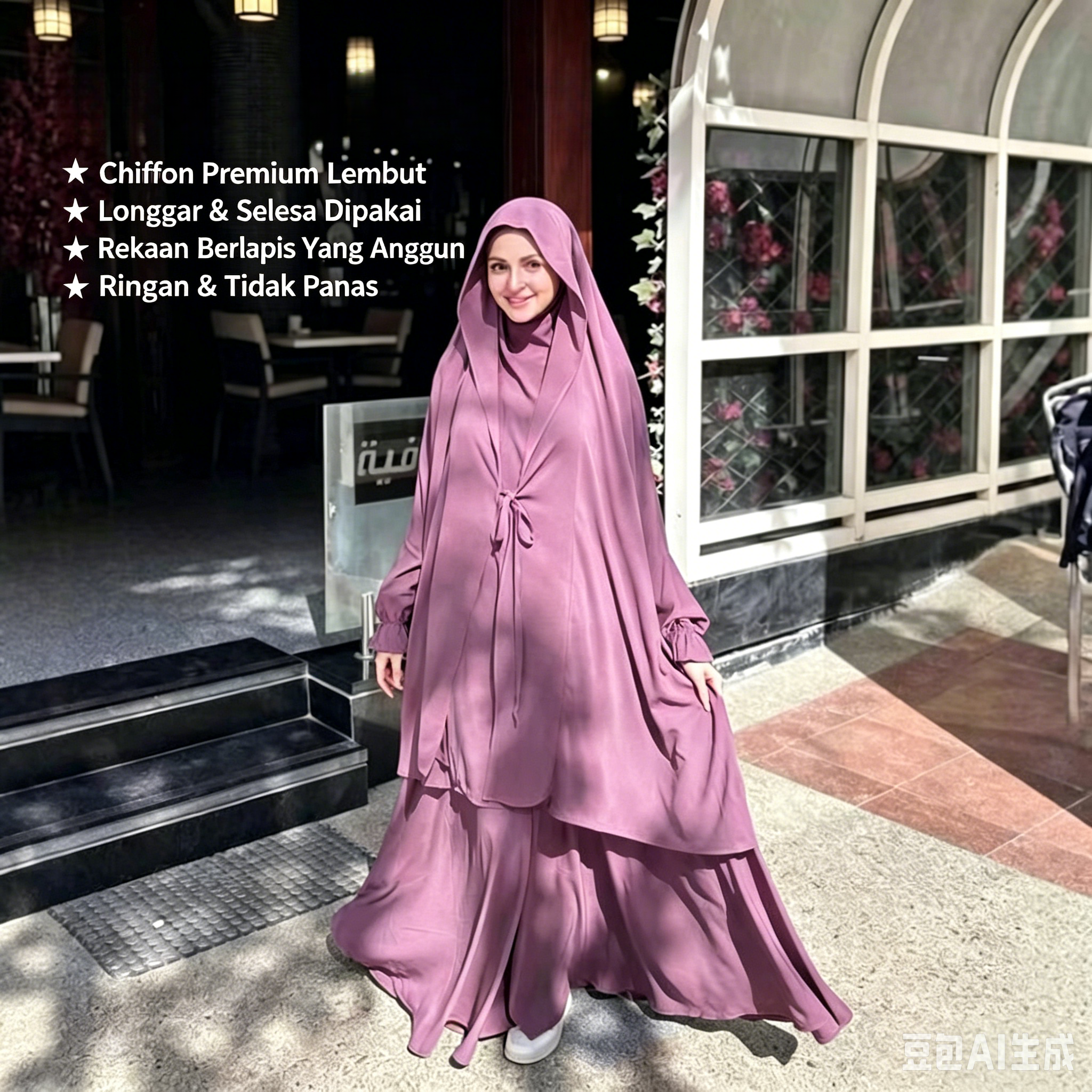 Mature Muslim woman | 2-piece elegant long dress | Comfortable and loose draping cut | Soft and breathable fabric, elegant drawstring design, perfectly covering the body | Suitable for Eid al-Fitr, prayers, gatherings and daily wear | High-end simple brow