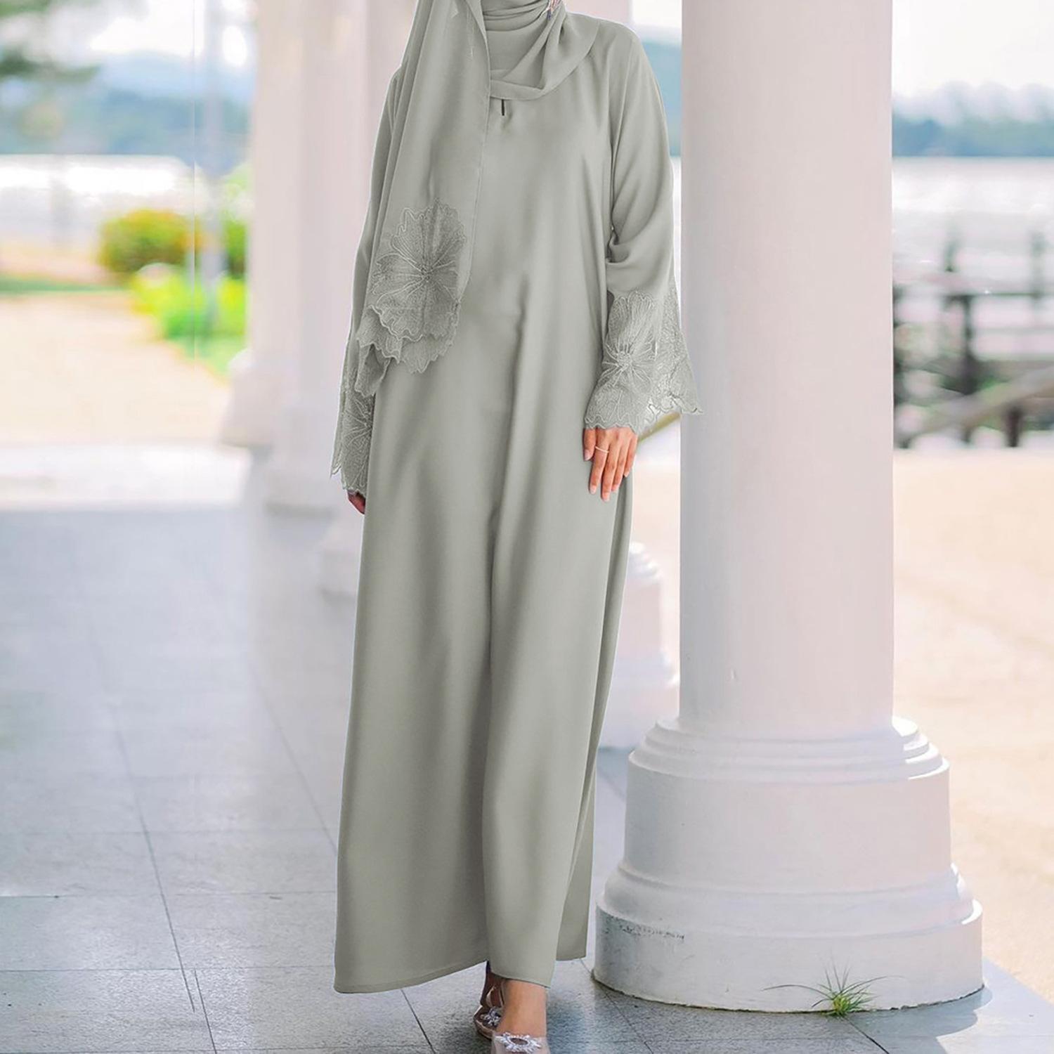 Gaun wanita 7-warna yang popular dan sedia untuk dihantar, dengan hiasan renda dan lengan ultra panjang, disertakan dengan tudung. abaya sulam