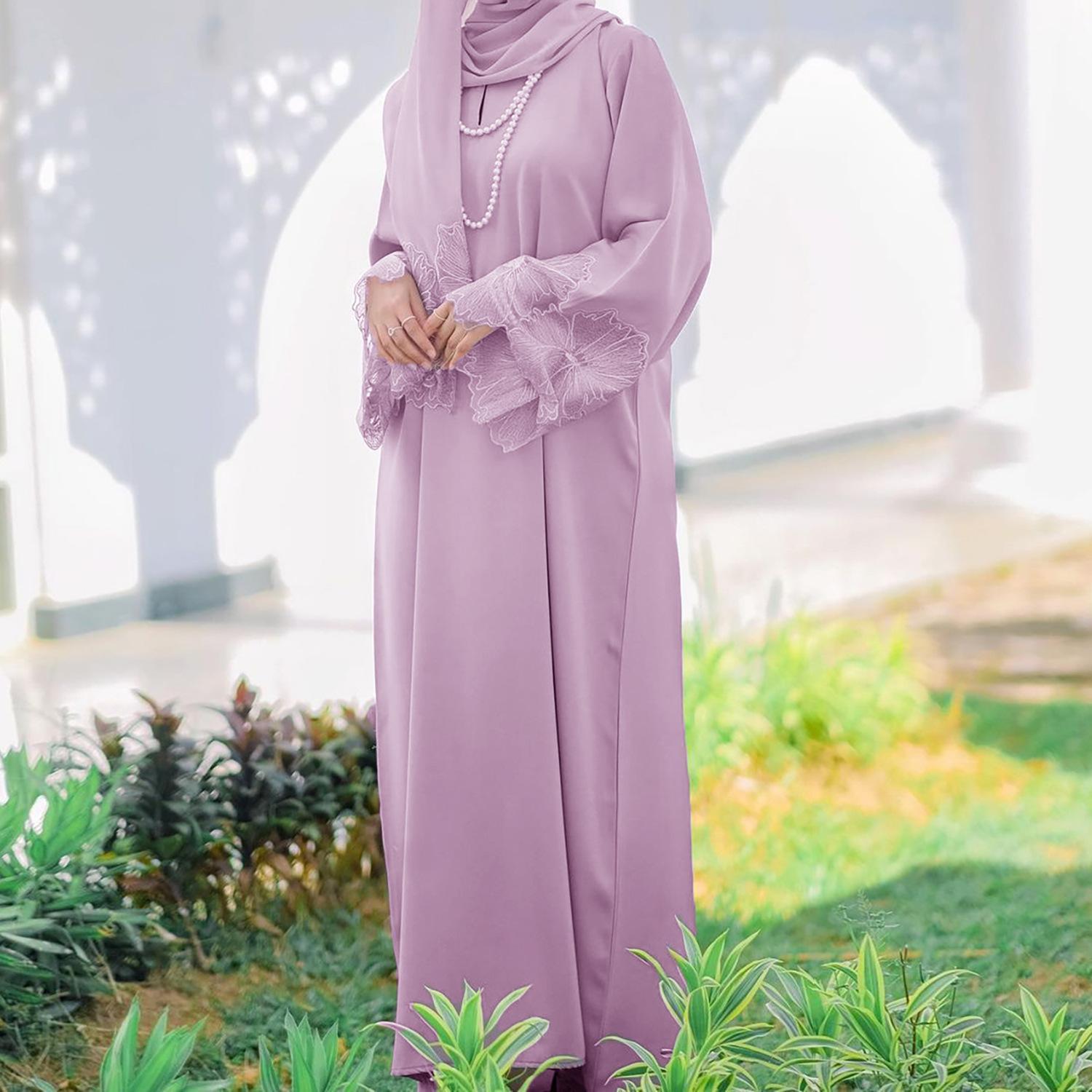 Gaun wanita 7-warna yang popular dan sedia untuk dihantar, dengan hiasan renda dan lengan ultra panjang, disertakan dengan tudung. abaya sulam