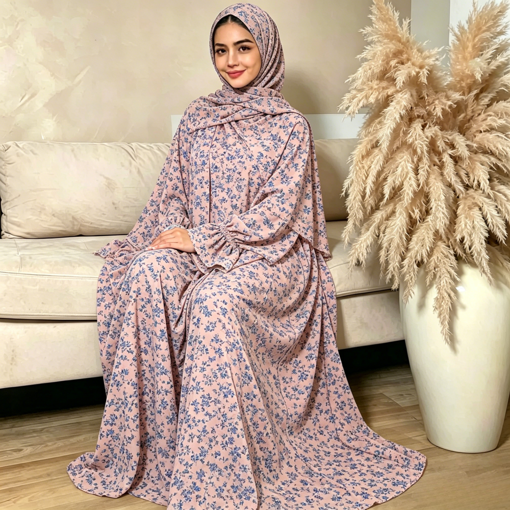Elegant floral Muslim dress set | Integrated headscarf design | Comfortable and modest | Suitable for both festivals and daily wear