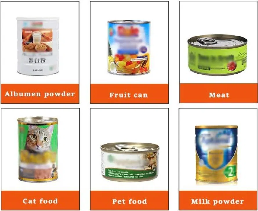 Application samples for RIFU vacuum nitrogen tin can seamer: milk powder, pet food, fruit and meat cans packaging