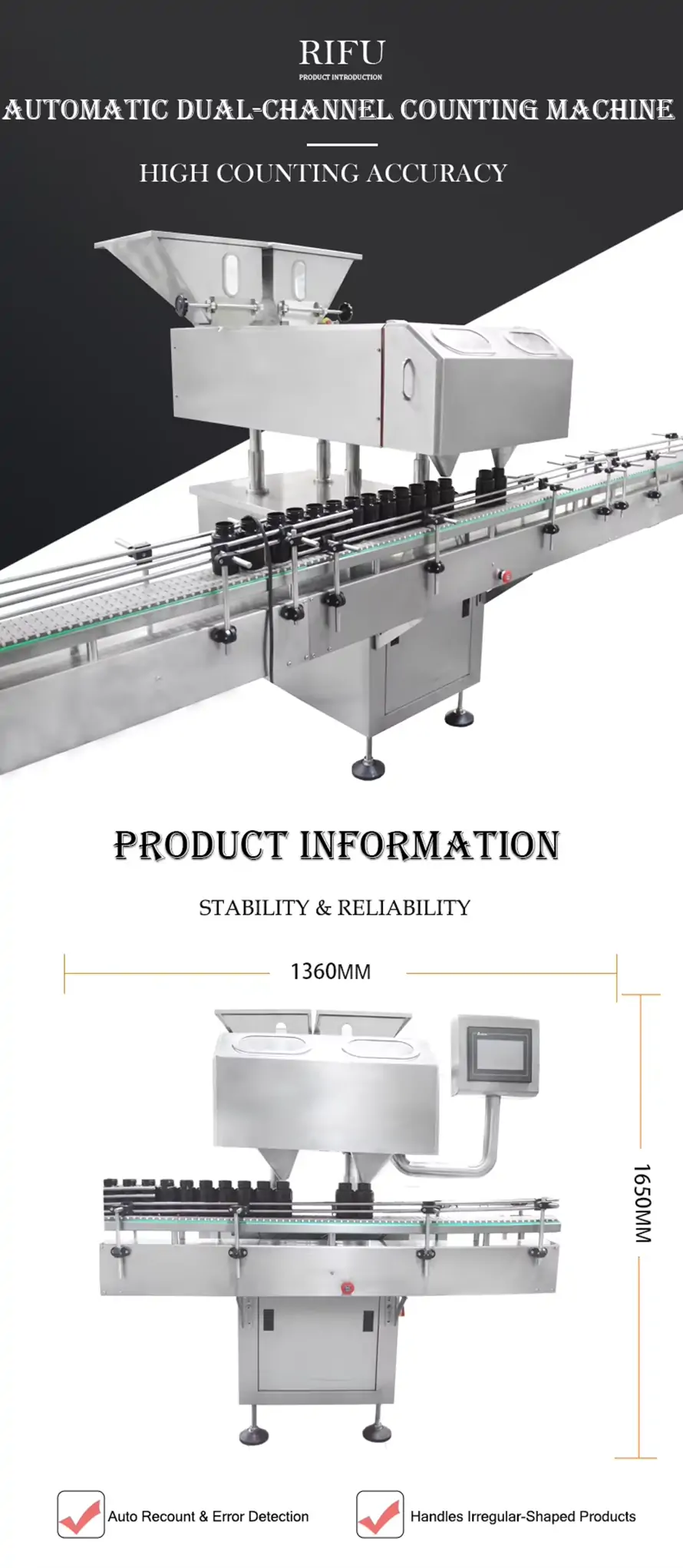 High-accuracy automatic dual-channel counting machine with 1360mm x 1650mm dimensions, featuring auto recount, error detection, and the ability to handle irregular-shaped products.