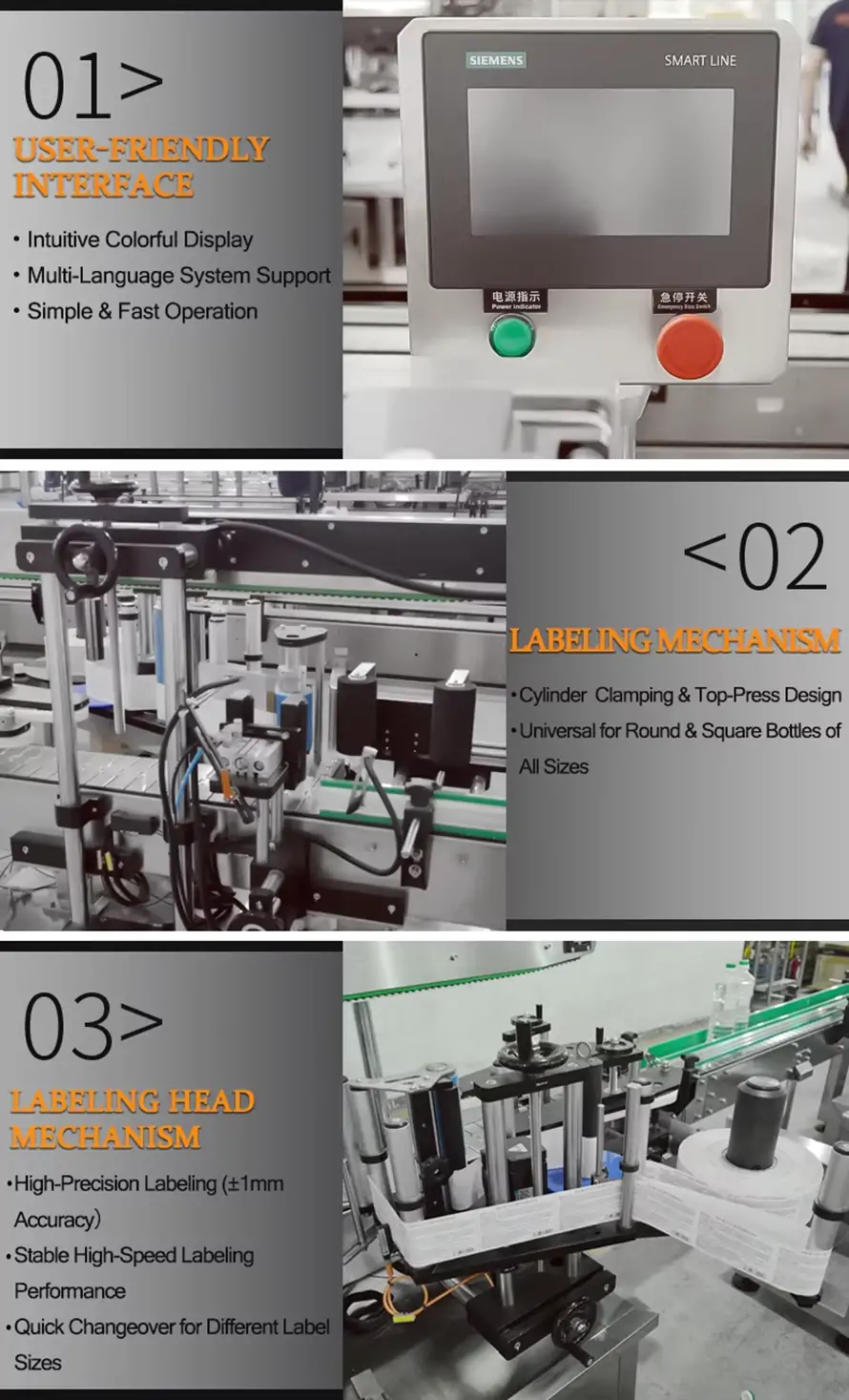 Automatic labeler features: Siemens PLC touch screen interface, top-pressing mechanism for round and square bottles, and high-precision labeling head with ±1mm accuracy.