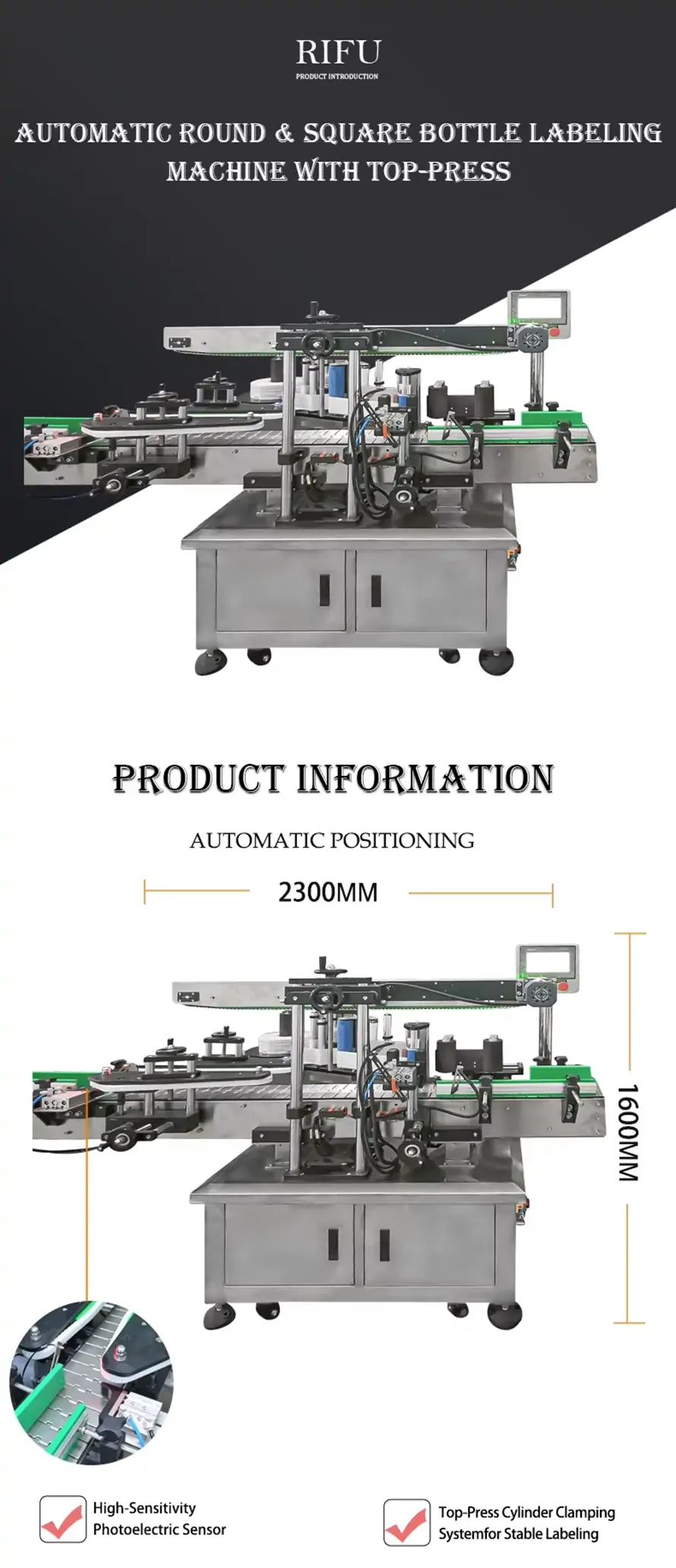 Automatic round and square bottle labeling machine with top-press cylinder clamping system and high-sensitivity photoelectric sensor