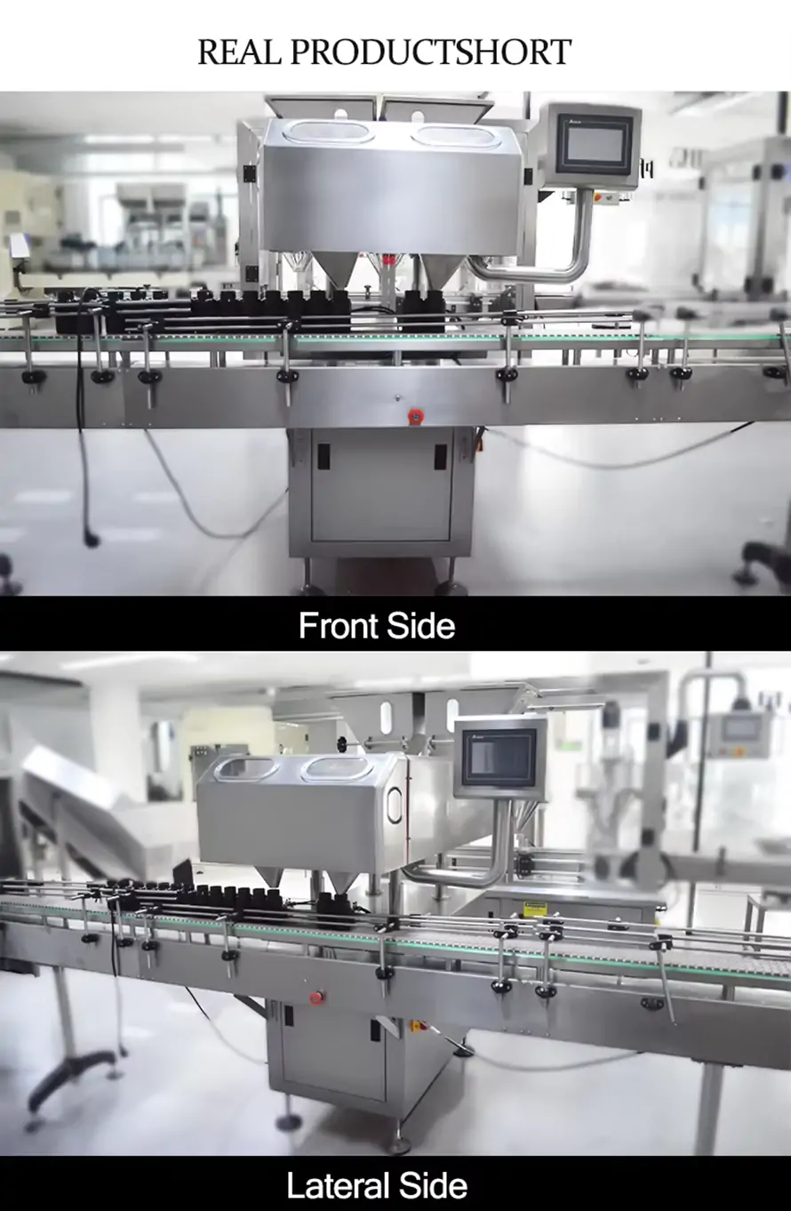 Front and lateral side views of an automatic dual-channel counting machine, showing the industrial stainless steel frame, conveyor belt, and integrated control arm.