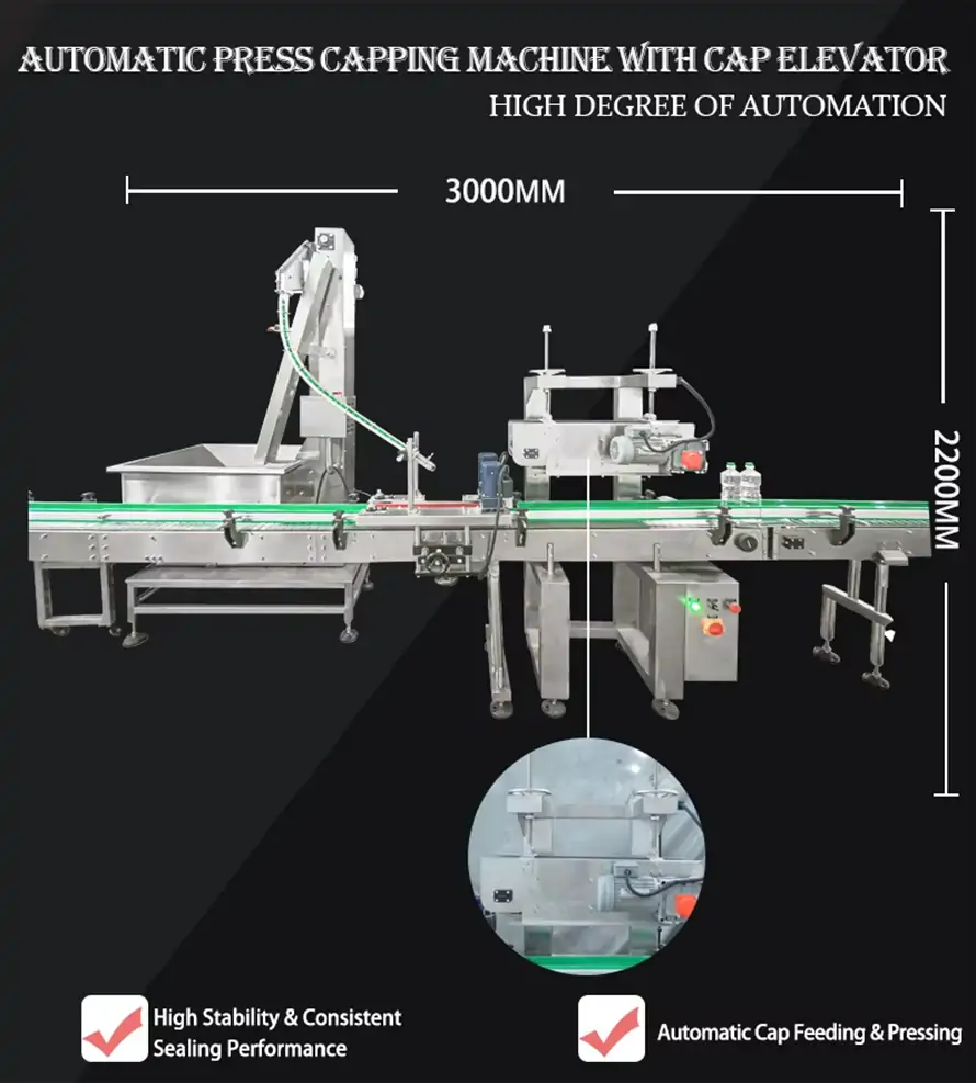 Rifu automatic press-on capping machine with cap elevator, featuring high-speed chain capping mechanism and automatic cap placement & sealing for efficient production line automation.