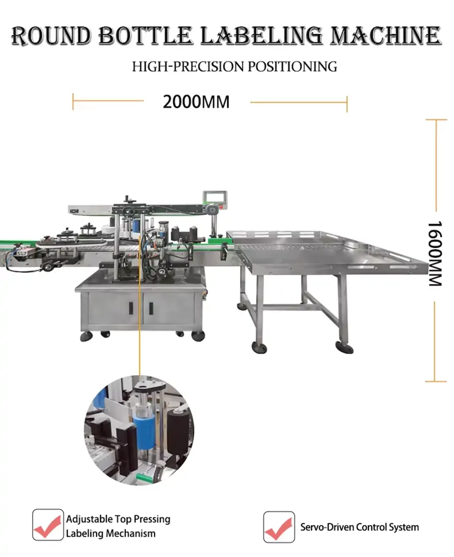 Rifu automatic round and square bottle labeling machine with top-press, featuring high-sensitivity photoelectric sensor and automatic positioning system for stable and precise labeling.