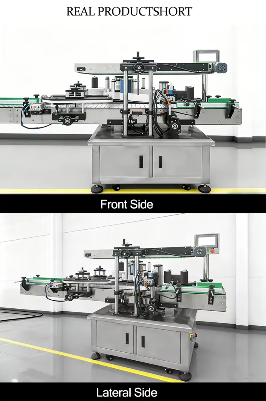 Front and lateral side view of automatic square and round bottle labeling machine with Siemens PLC control system.