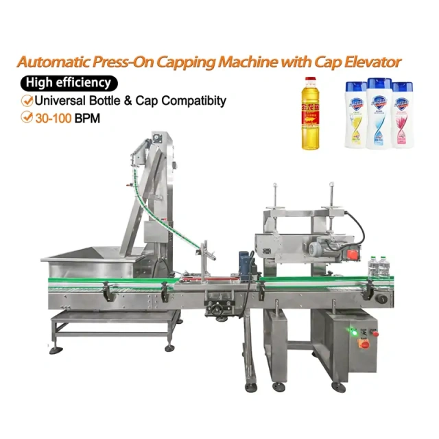Automatic Press-On Capping Machine with Cap Elevator for Oil, Shampoo & Beverage Bottles