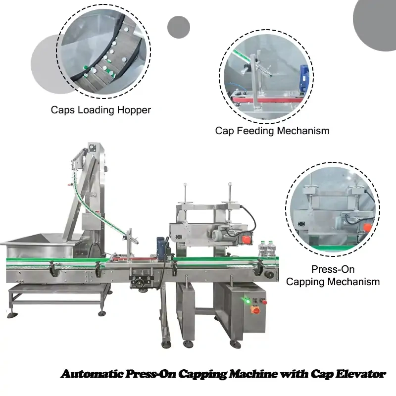 Automatic Press-On Capping Machine with Cap Elevator for Oil, Shampoo & Beverage Bottles