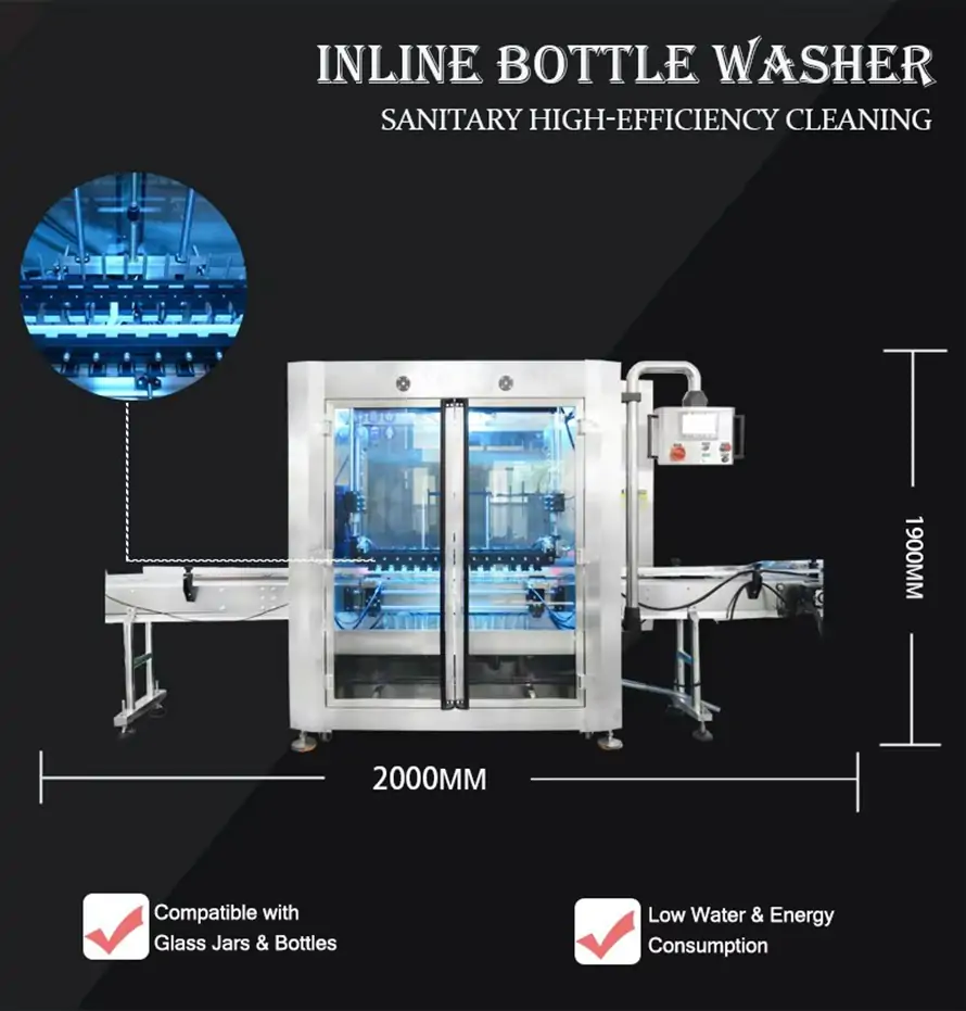 RIFU automatic inline bottle washer for sanitary high-efficiency cleaning, compatible with glass jars and bottles, featuring low water and energy consumption