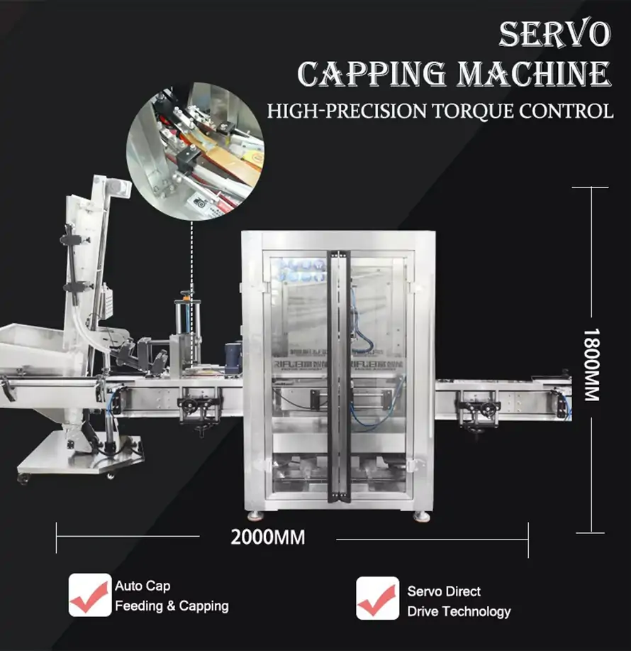 RIFU automatic servo capping machine featuring high-precision torque control and servo direct drive technology with auto cap feeding system.
