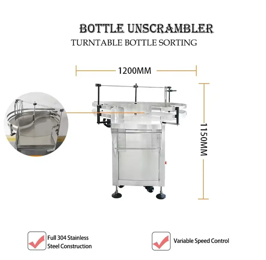 RIFU semi-automatic rotary turntable bottle unscrambler with variable speed control, featuring full 304 stainless steel construction.