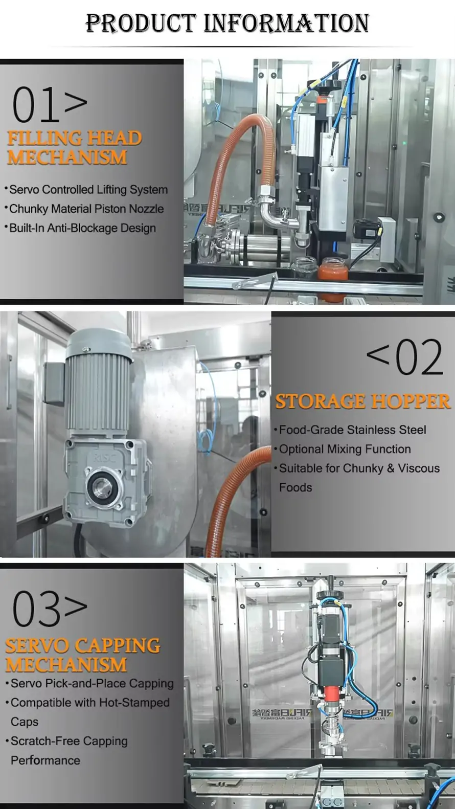 RIFU machine information showing servo controlled lifting system with anti-blockage filling head, food-grade stainless steel storage hopper, and scratch-free servo pick-and-place capping mechanism.