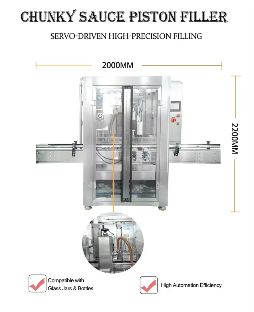 RIFU automatic chunky sauce piston filler featuring servo-driven high-precision filling and high automation efficiency, compatible with glass jars and bottles