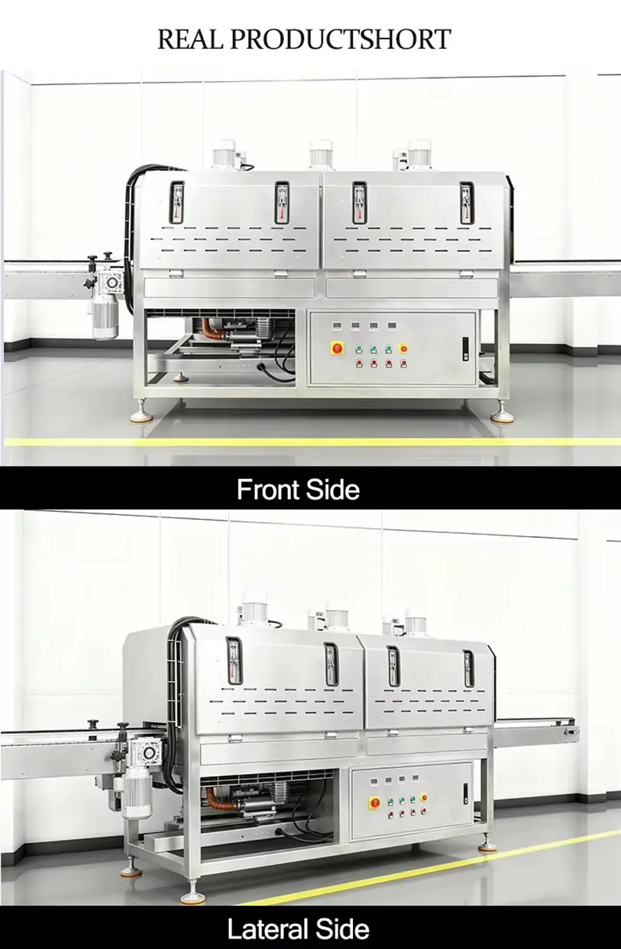 Real product shots of RIFU enhanced stainless steel bottle dryer machine, showing the front side and lateral side views of the heavy-duty industrial drying tunnel.