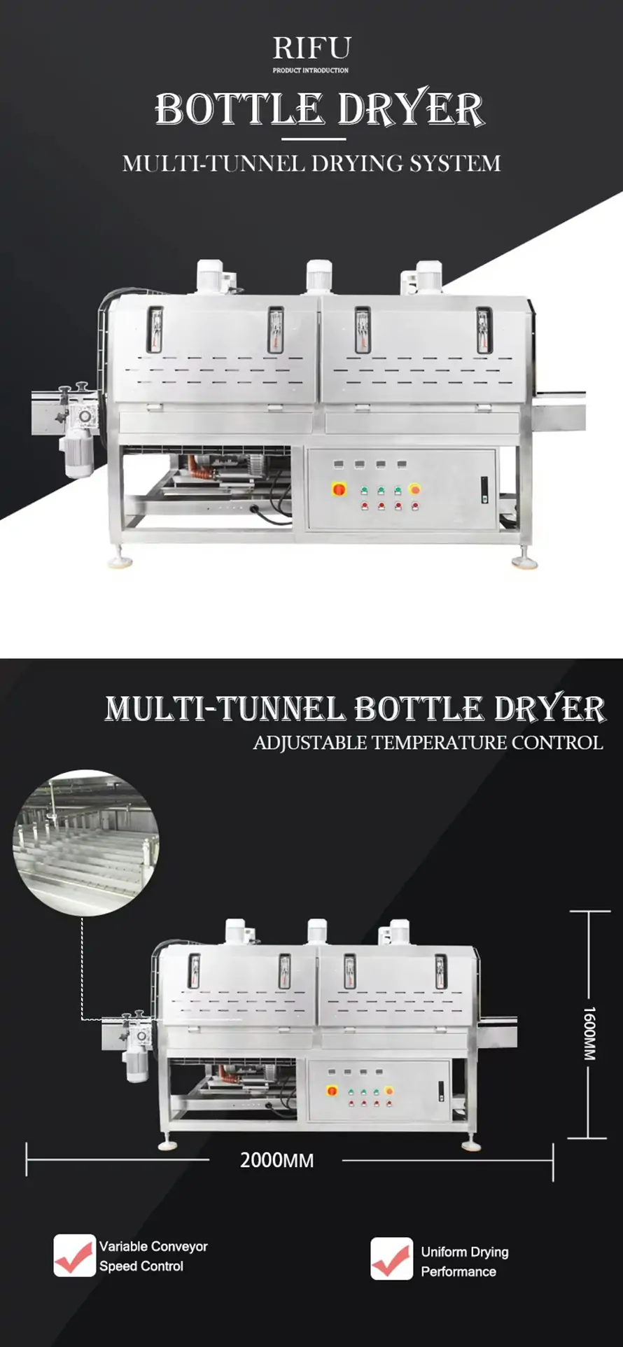 RIFU stainless steel bottle dryer machine featuring top-mounted vortex air blowers, a multi-track conveyor system, and adjustable temperature control panel.