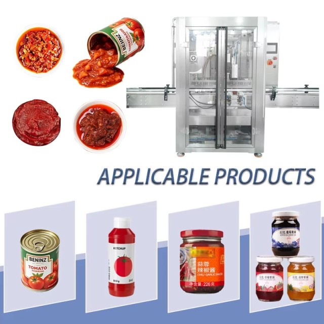 RIFU automatic piston filling machine showcasing compatibility with thick tomato paste, garlic chili sauce, fruit jam jars, squeeze ketchup bottles, and tin food cans.
