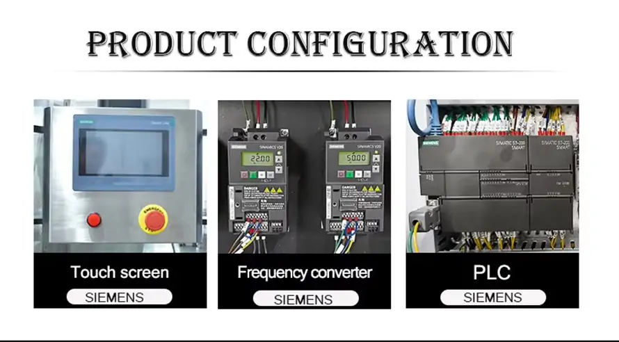 RIFU automatic case packer core configuration, showing integrated Siemens PLC system, touchscreen control interface, and frequency converters.