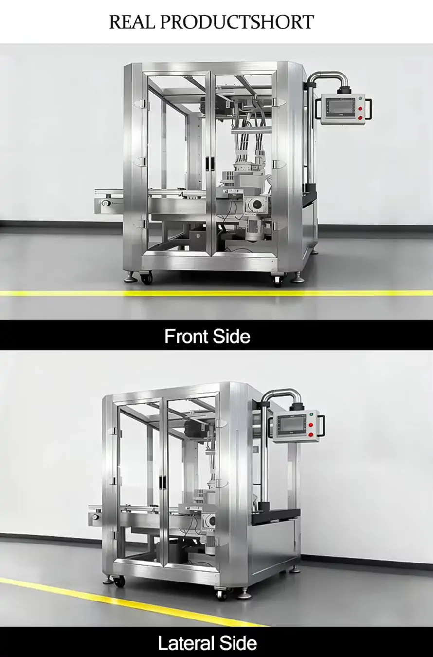 RIFU automatic delta robot case packer application showcase, packaging versatile plastic bottles, jars, lotion pumps, and juice containers into cartons.