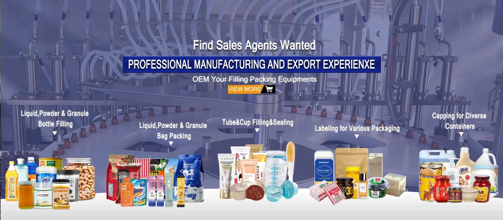 RIFU professional manufacturing and export of automated packaging equipment, including bottle filling for liquid and granules, bag packing, tube and cup sealing, and labeling solutions for various containers.