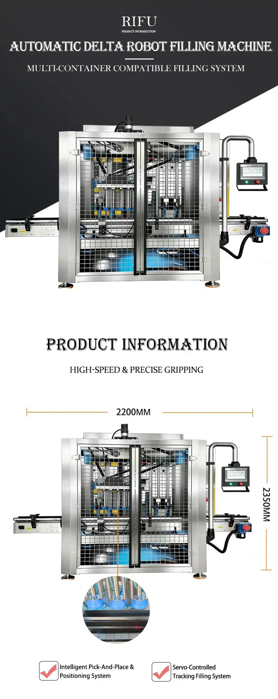 RIFU automatic delta robot filling machine specifications with 2200mm width, multi-container compatible filling system, and high-speed precise gripping.