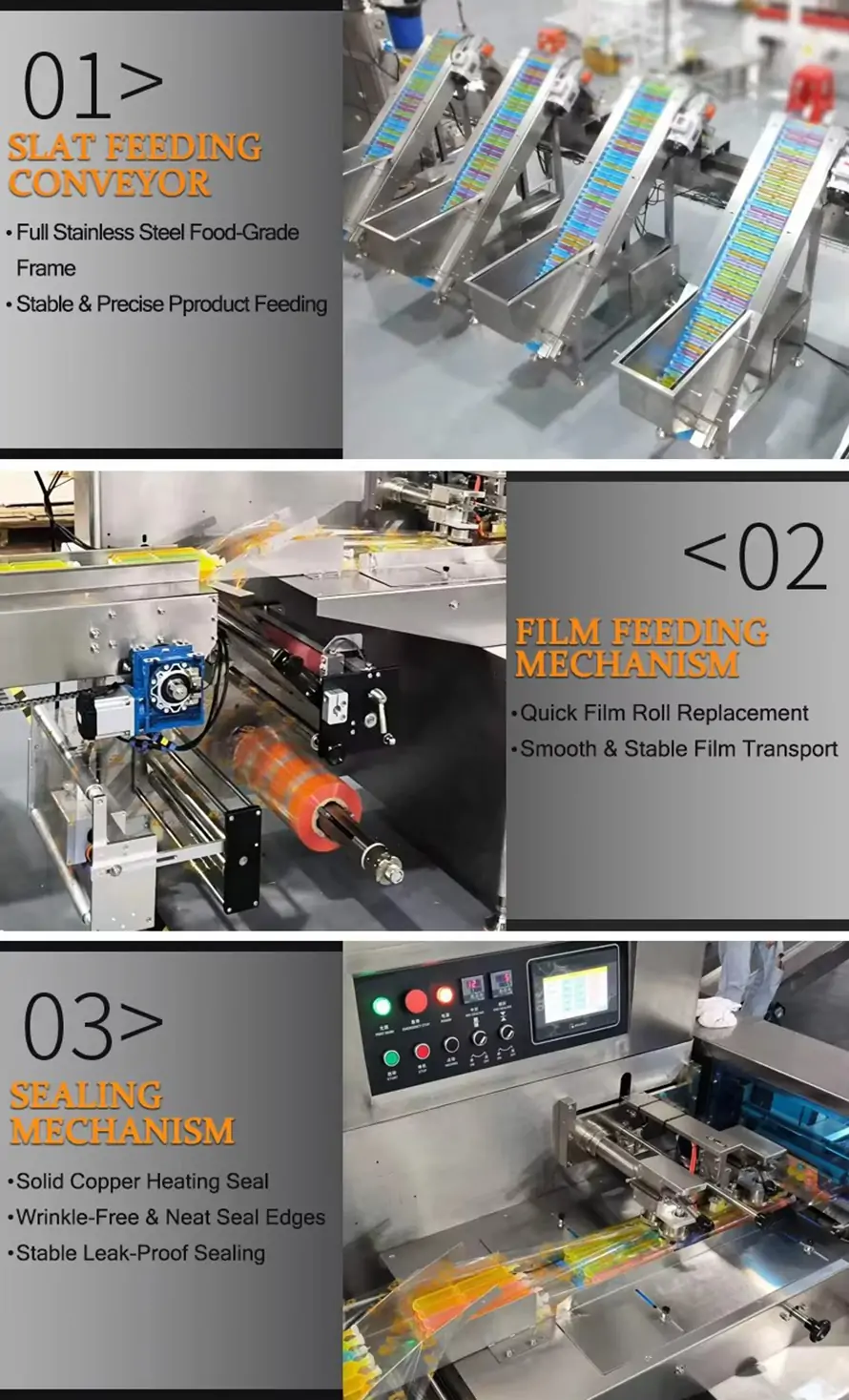 Automatic ice pop pillow packing machine main components display: slat feeding conveyor, film feeding mechanism, solid copper heating sealing mechanism, food grade stainless steel stable feeding, smooth film transport, wrinkle-free leak-proof sealing