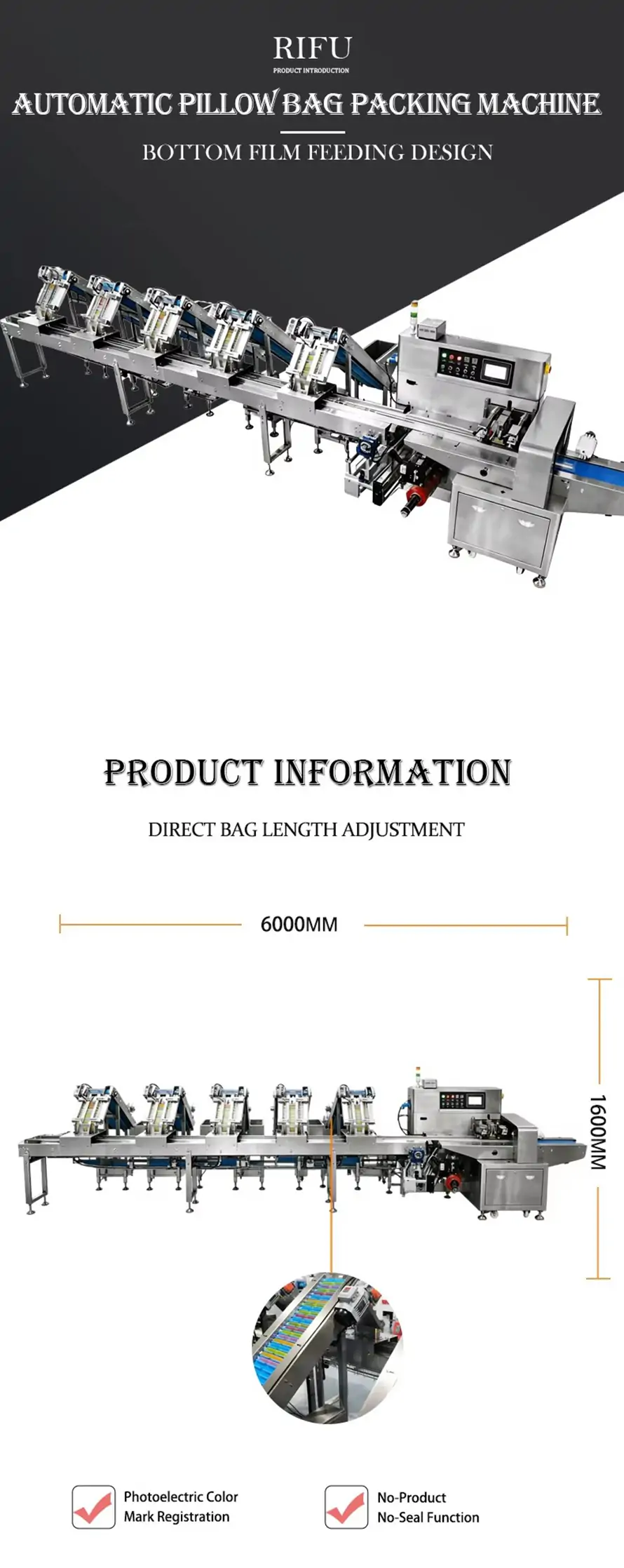 RIFU automatic pillow bag packing machine with bottom film feeding design, full dimension specification 6000*1600mm, photoelectric color mark registration, no-product no-seal function, multi-station feeding packaging line for ice pop