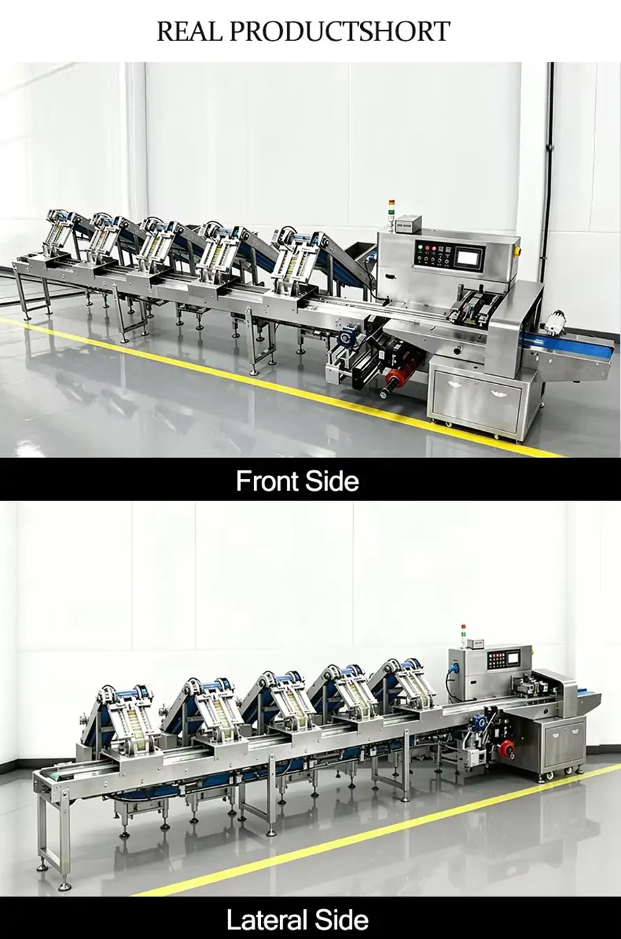 Real shot of automatic ice pop pillow bag packing production line, front side view and lateral side two angles display, multi-station feeding food flow wrapping machine for ice lolly, full stainless steel food packaging equipment