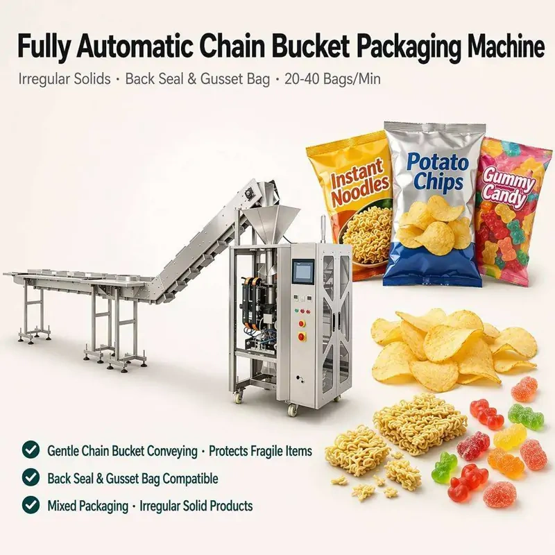 Automatic Chain Bucket Packaging Machine For Fragile Irregular Solid Food & Hardware