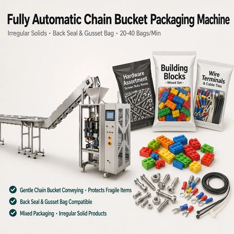 Automatic Chain Bucket Packaging Machine For Fragile Irregular Solid Food & Hardware
