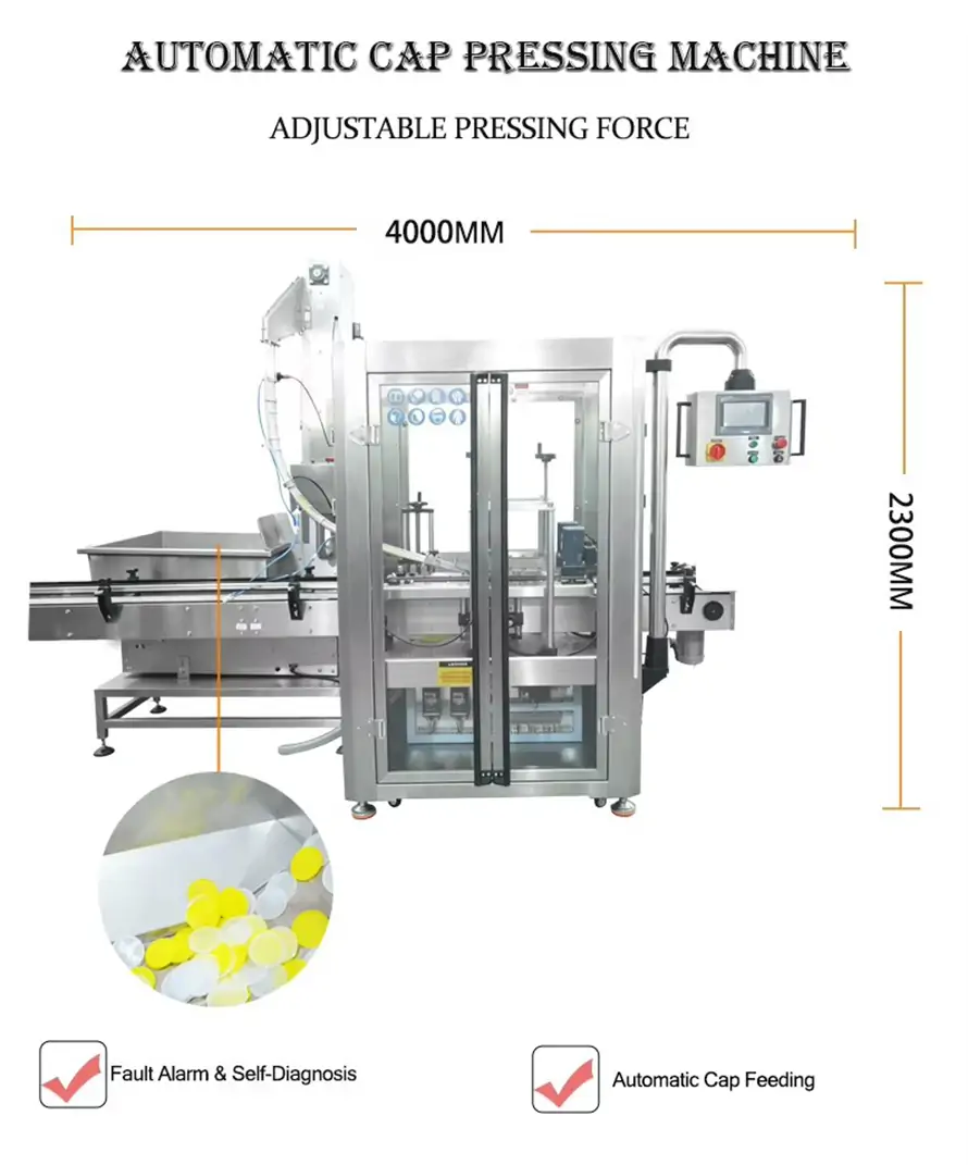 RIFU automatic cap pressing machine with adjustable pressing force, automatic cap feeding, fault alarm & self-diagnosis function, marked overall dimensions, used for tin can plastic cap pressing in packaging production line