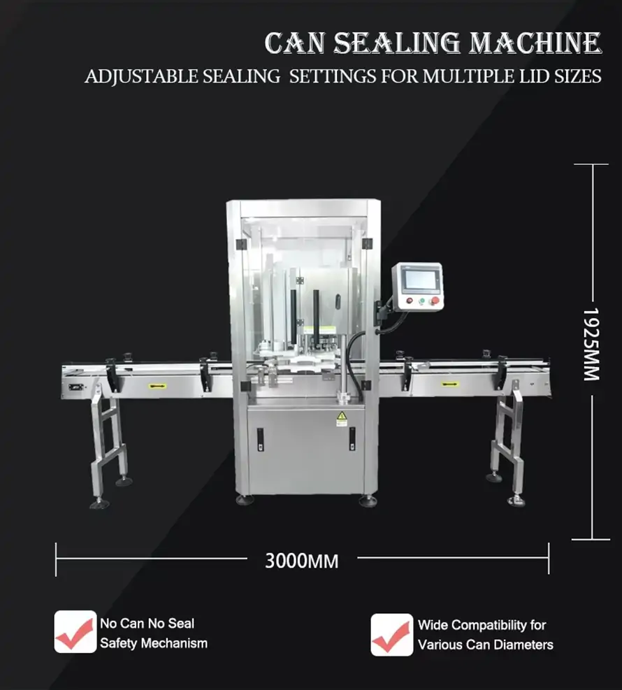 RIFU automatic can sealing machine, adjustable sealing settings for various lid sizes, no can no seal safety mechanism, wide compatibility for different can diameters, equipment dimension marked
