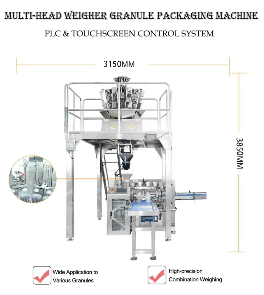 RIFU multi-head weigher granule packaging machine, equipped with PLC & touchscreen control system, high-precision combination weighing, suitable for various granular materials, marked overall dimension